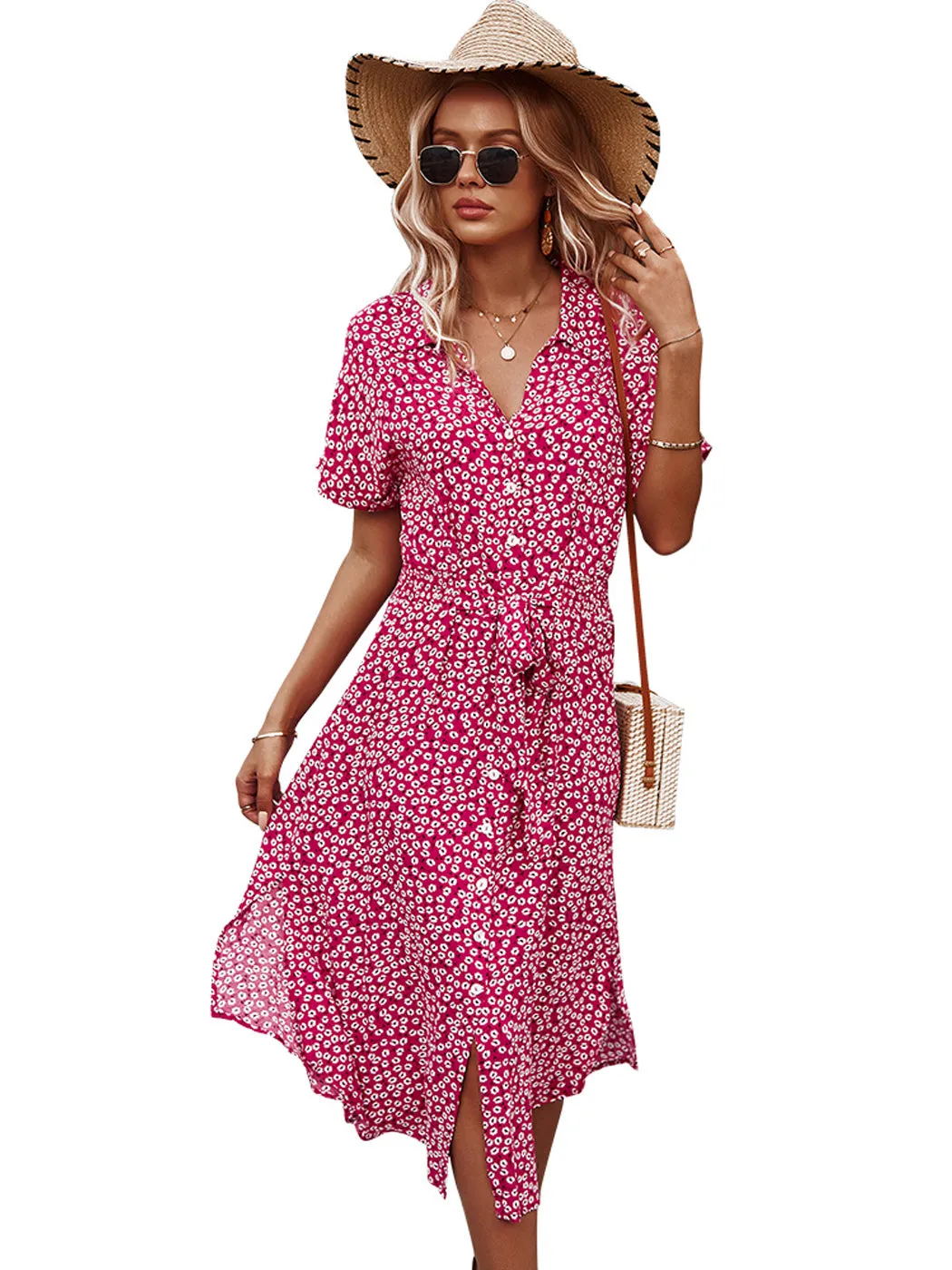 Anna-Kaci Women's Casual Floral Print Button Down Dress Short Sleeve V Neck Split Midi Dresses with Belt