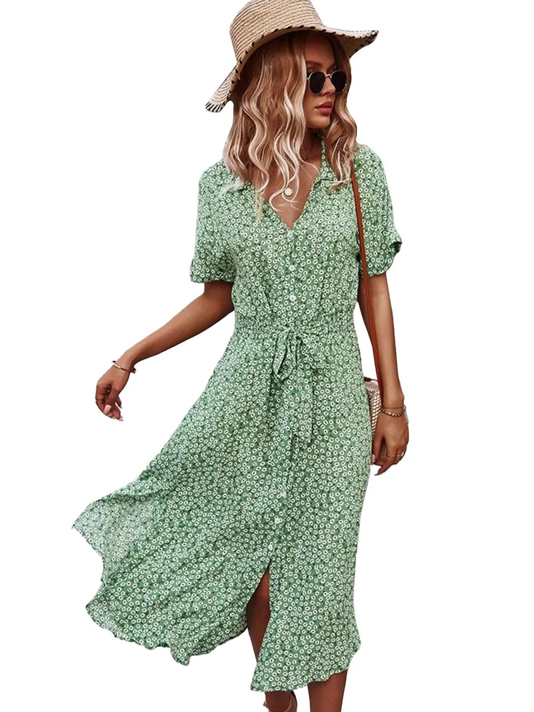 Anna-Kaci Women's Casual Floral Print Button Down Dress Short Sleeve V Neck Split Midi Dresses with Belt