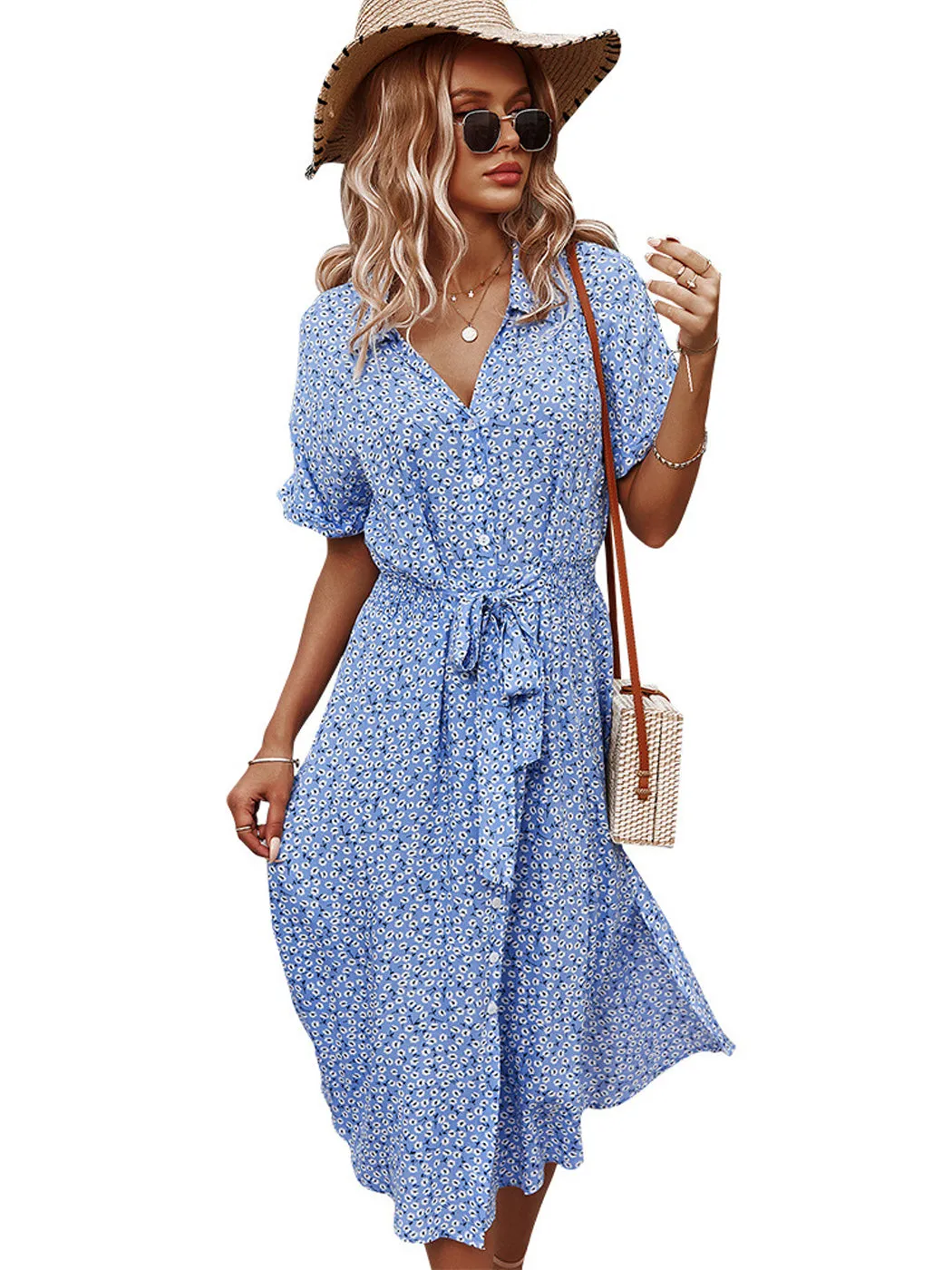 Anna-Kaci Women's Casual Floral Print Button Down Dress Short Sleeve V Neck Split Midi Dresses with Belt