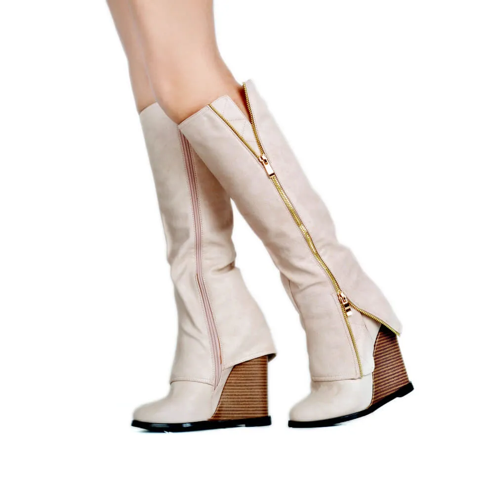 Apricot Suede Zipper Wedges Knee High Boots