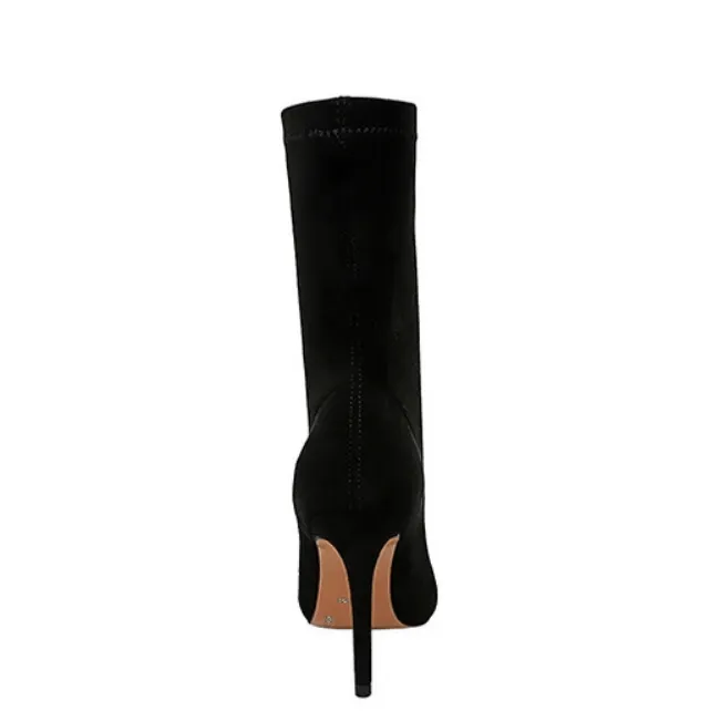 Black Suede Point Toe Zipper High Heel Calf Boots