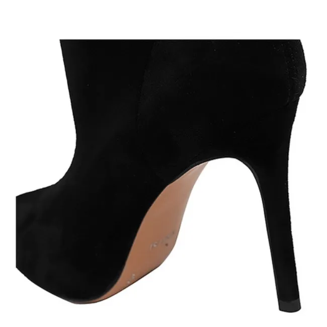 Black Suede Point Toe Zipper High Heel Calf Boots