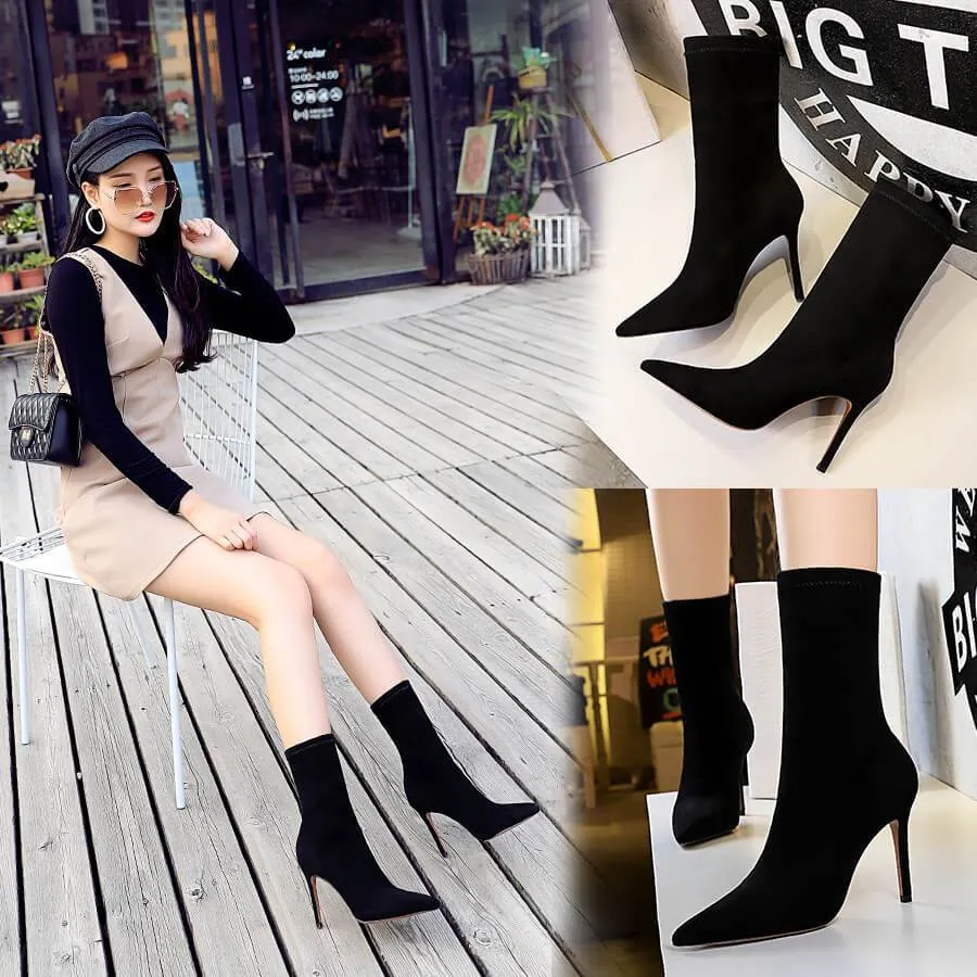 Black Suede Point Toe Zipper High Heel Calf Boots