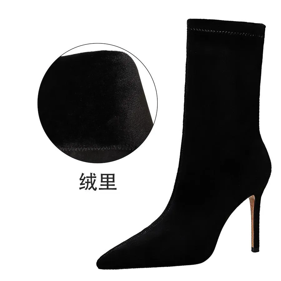 Black Suede Point Toe Zipper High Heel Calf Boots