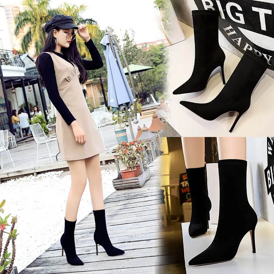 Black Suede Point Toe Zipper High Heel Calf Boots