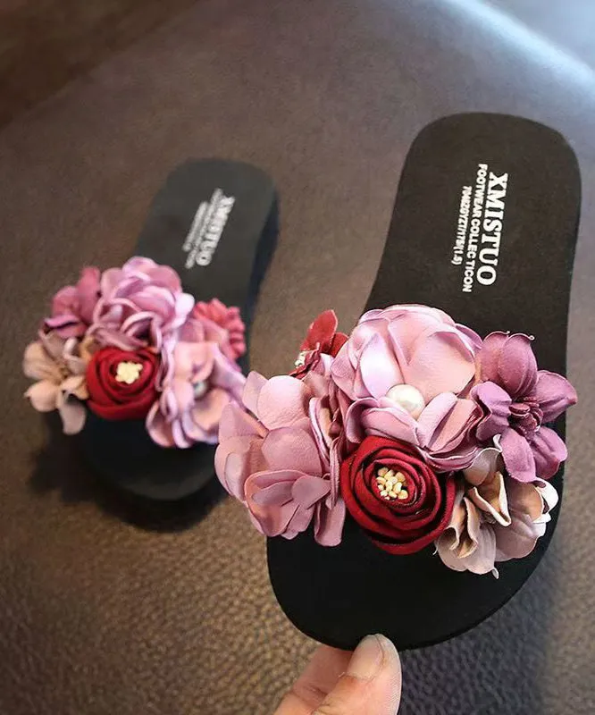 Boho Pink Floral Splicing Slide Sandals Peep Toe AG1003