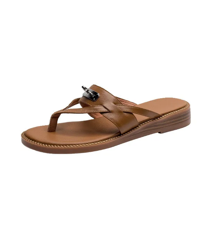 Boho Splicing Flip Flops Slide Sandals Brown Faux Leather AA023