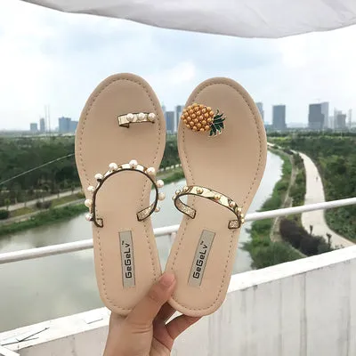 BOOPDO DESIGN STUDDED TOE LOOP EMBELLISHED LOW HEEL SANDALS