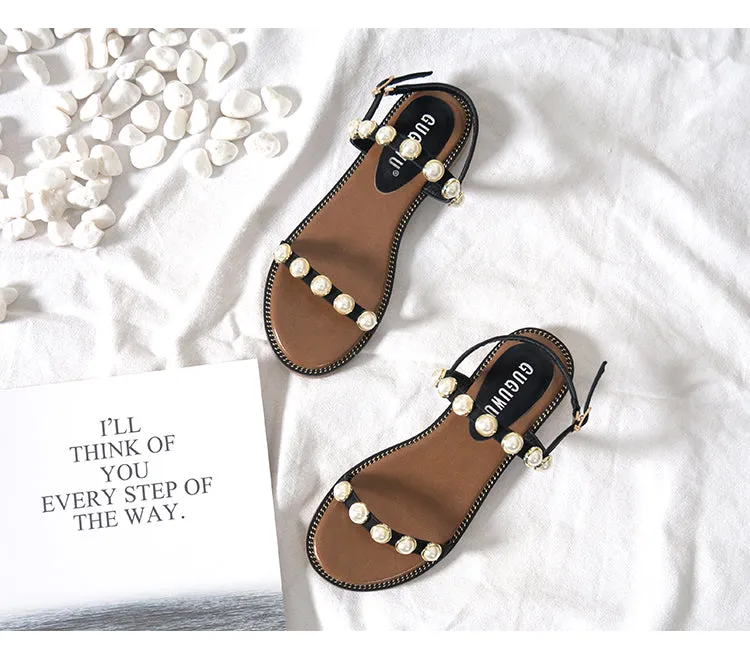 BOOPDO LEATHER  PEARL EMBELLISHED FLAT SANDALS