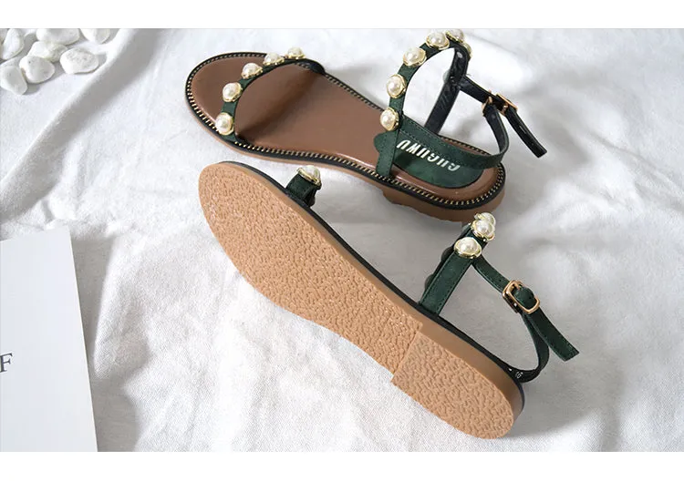 BOOPDO LEATHER  PEARL EMBELLISHED FLAT SANDALS