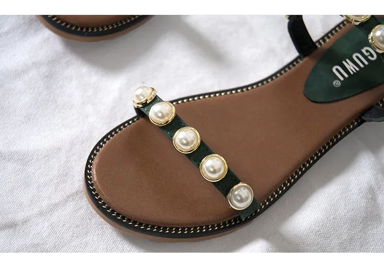 BOOPDO LEATHER  PEARL EMBELLISHED FLAT SANDALS