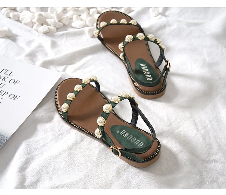 BOOPDO LEATHER  PEARL EMBELLISHED FLAT SANDALS