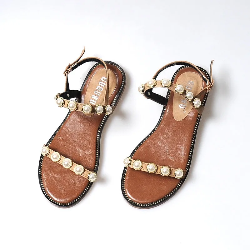 BOOPDO LEATHER  PEARL EMBELLISHED FLAT SANDALS