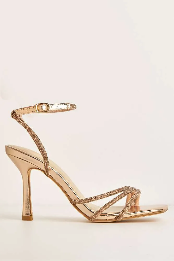 Camina Diamante Embellished 3 Strap Heeled Sandals in Champagne