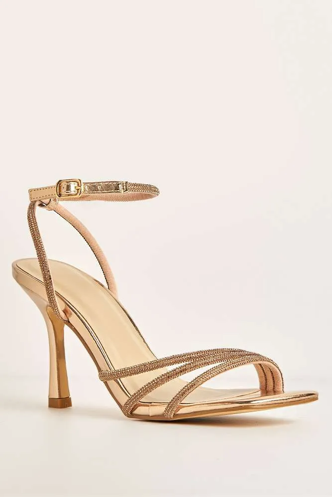 Camina Diamante Embellished 3 Strap Heeled Sandals in Champagne