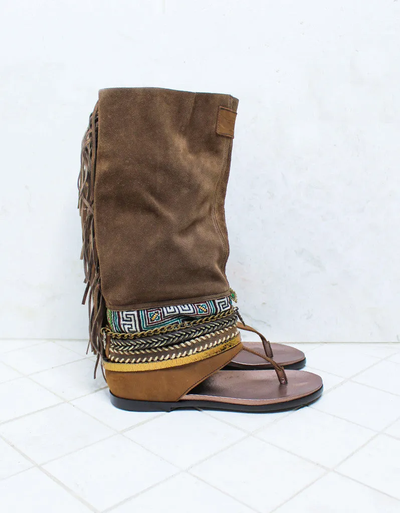 Custom Made Boho High Boot Sandals in Brown | SIZE 40