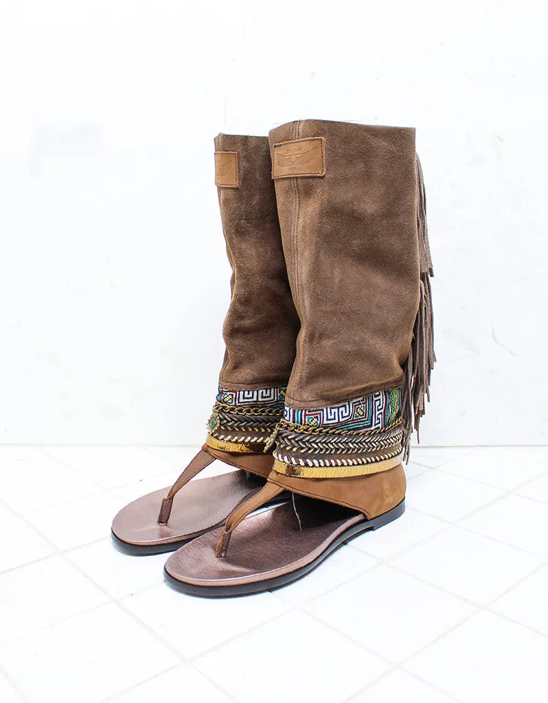 Custom Made Boho High Boot Sandals in Brown | SIZE 40