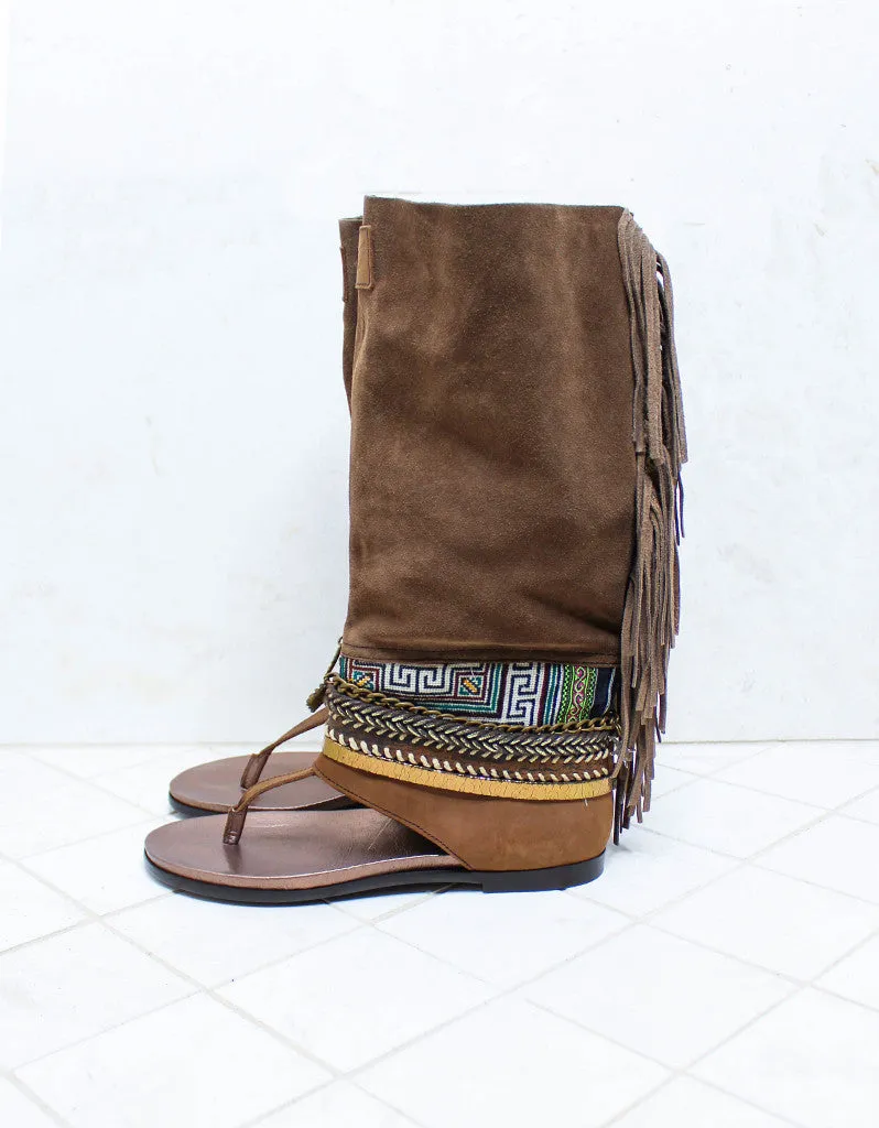 Custom Made Boho High Boot Sandals in Brown | SIZE 40