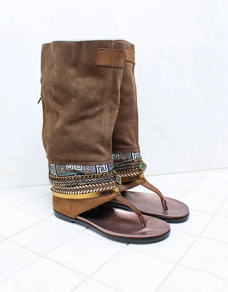 Custom Made Boho High Boot Sandals in Brown | SIZE 40