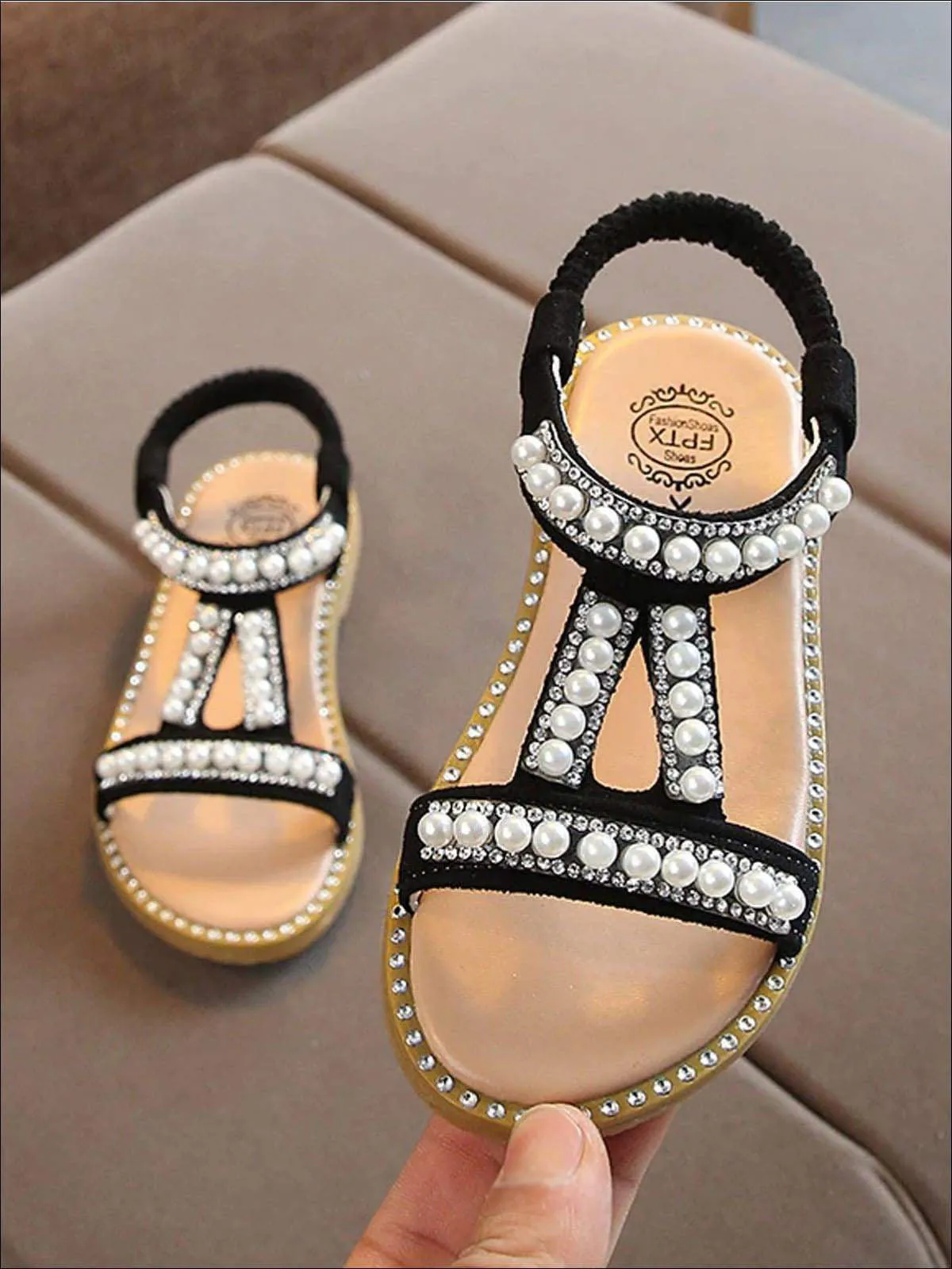 Elastic Strap Pearl Embellished Sandals By Liv and Mia