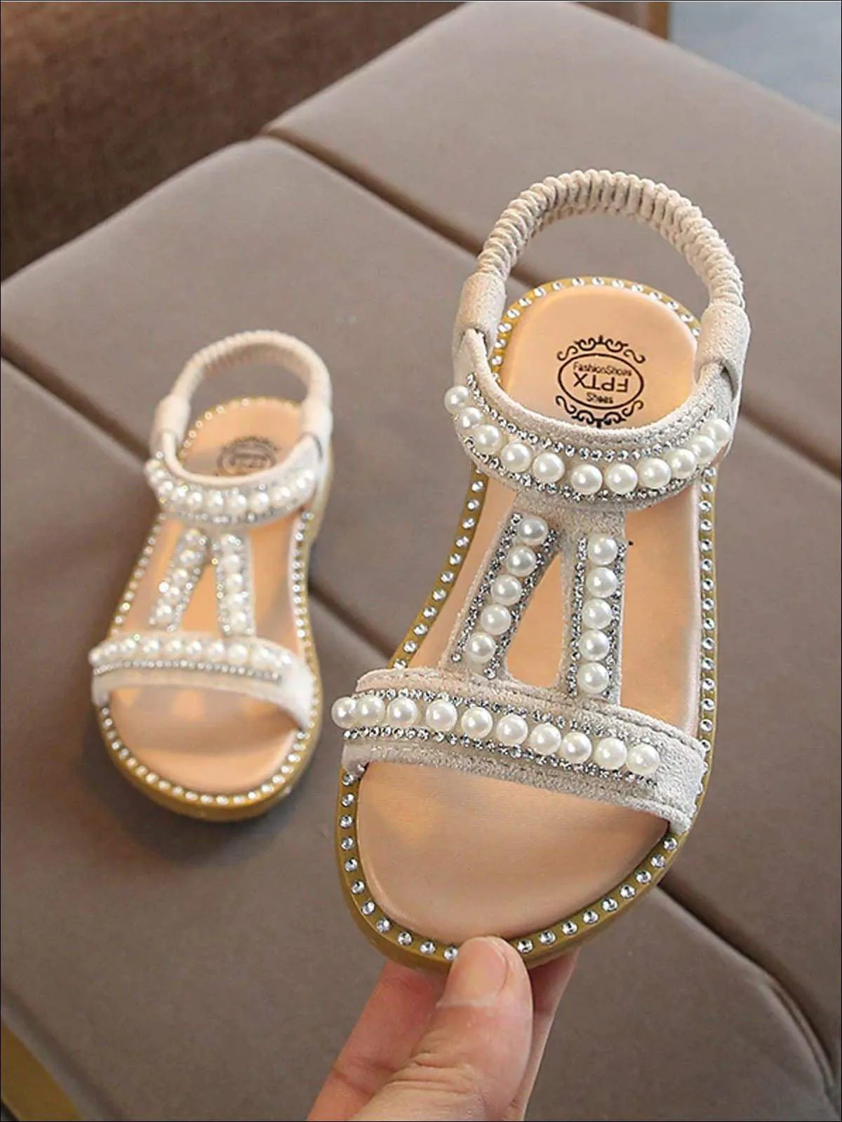 Elastic Strap Pearl Embellished Sandals By Liv and Mia