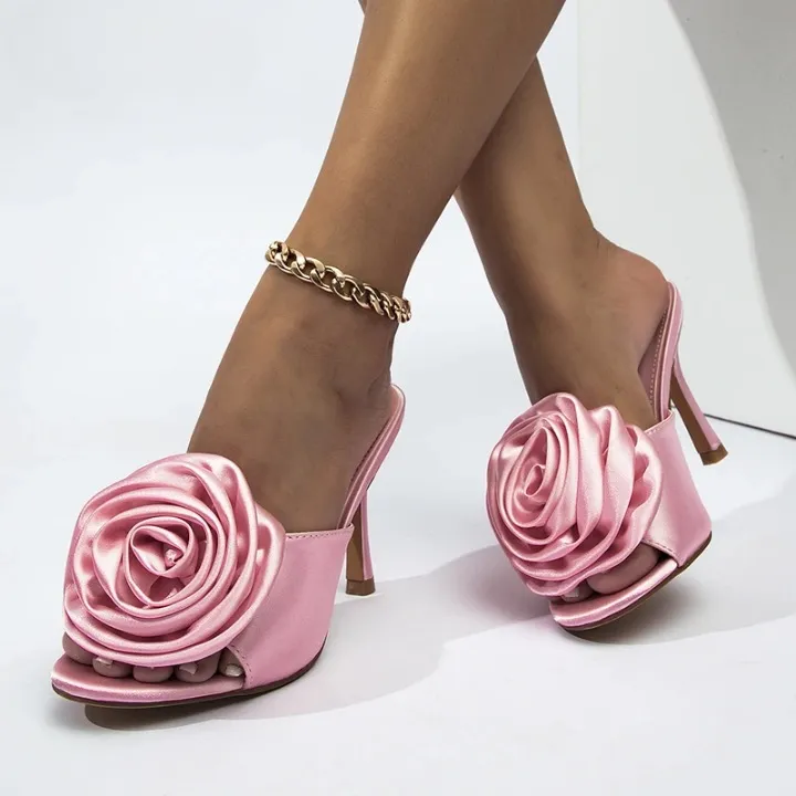 Eloise Silk Rosette Peep Toe Mule Sandals 