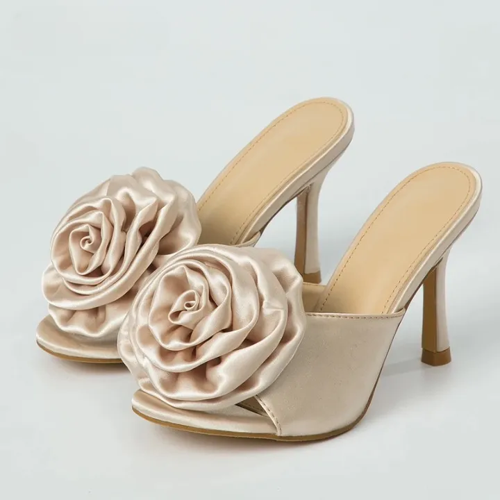 Eloise Silk Rosette Peep Toe Mule Sandals 