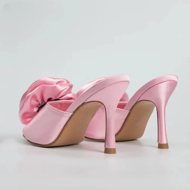 Eloise Silk Rosette Peep Toe Mule Sandals 