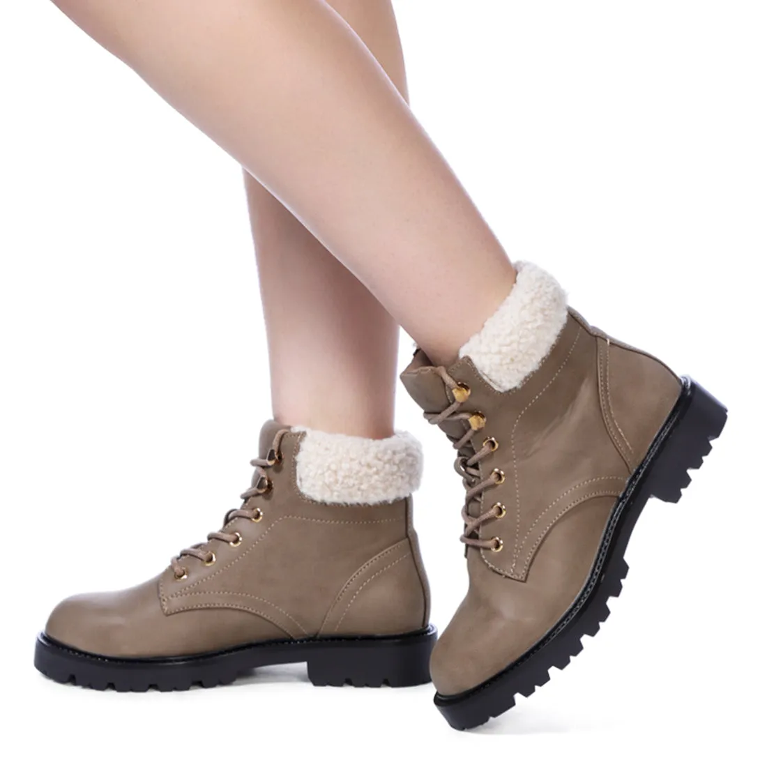 Fur Collared Biker Boots in Taupe