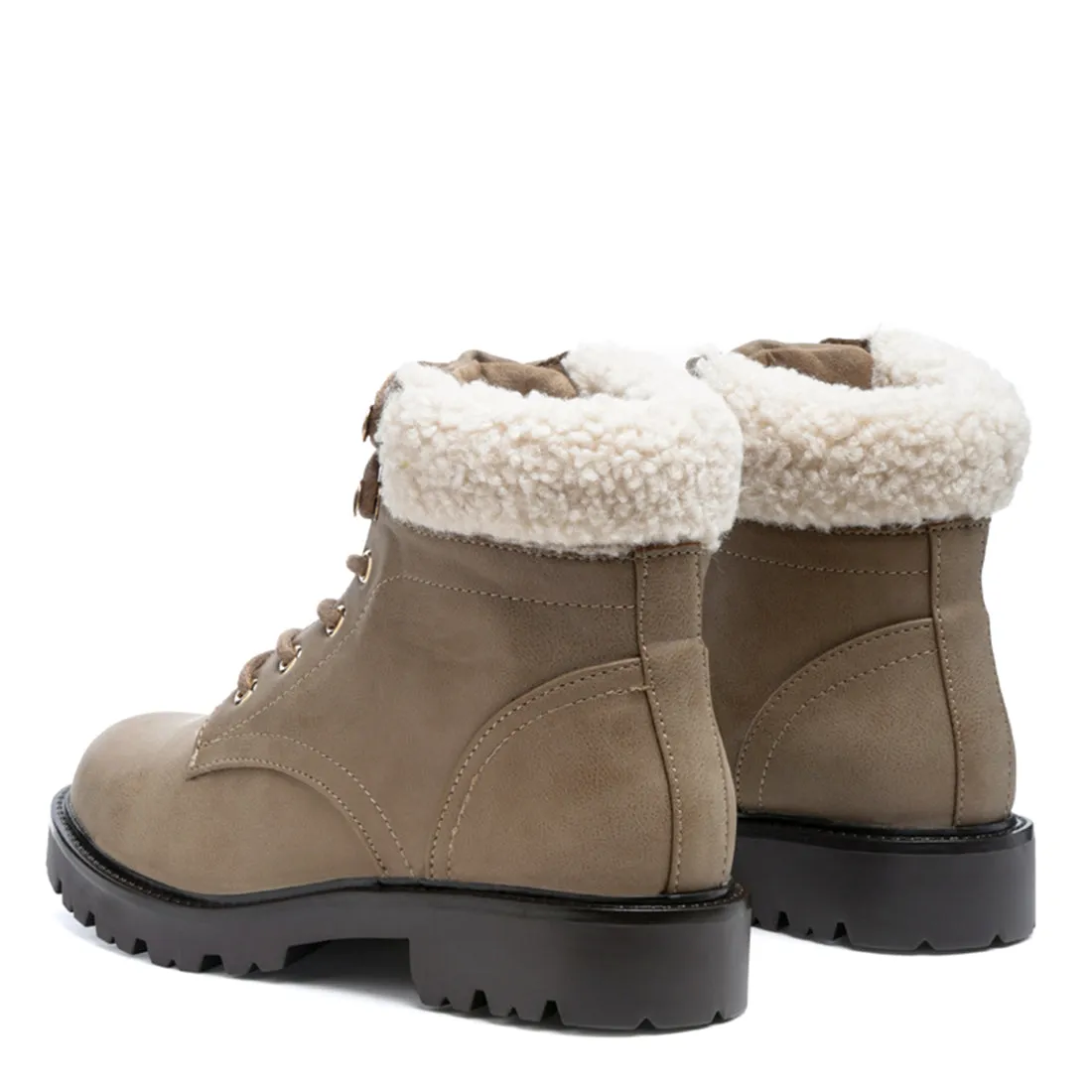 Fur Collared Biker Boots in Taupe