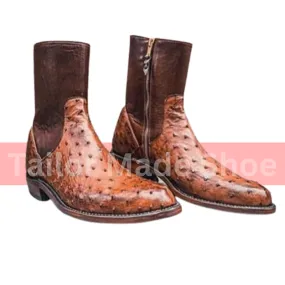 Goodyear Welted Cowboy Ostrich Print Brown Leather Western Ankle Handmade Boots