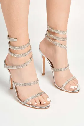 Hellena Diamante Embellished Women's Heeled Sandals in Silver