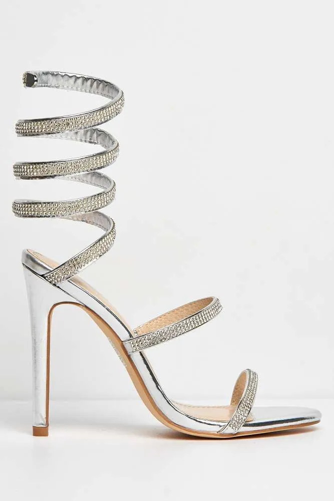 Hellena Diamante Embellished Women's Heeled Sandals in Silver