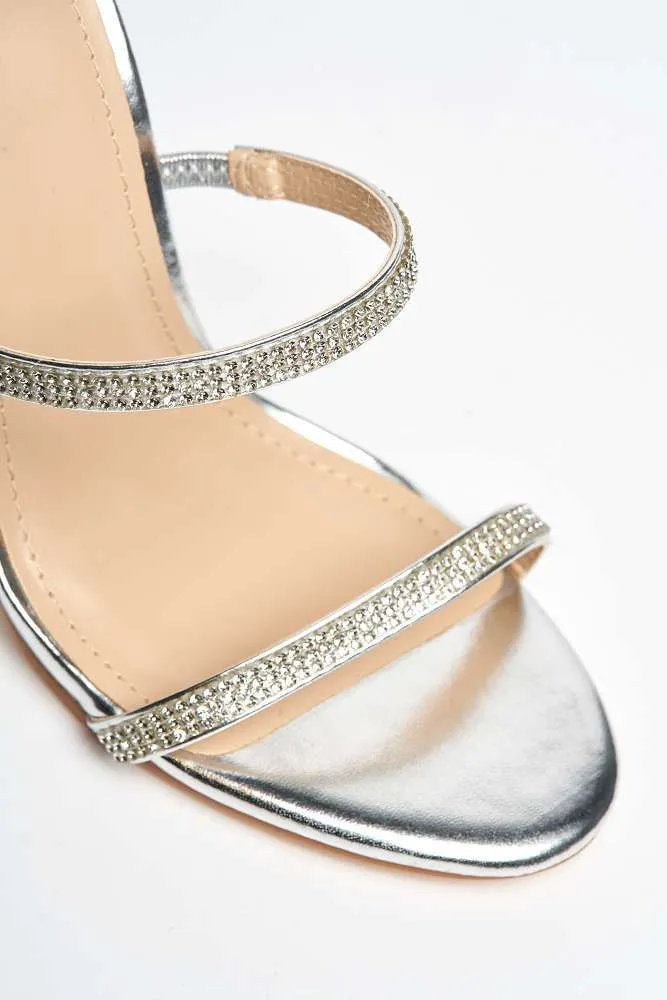 Hellena Diamante Embellished Women's Heeled Sandals in Silver