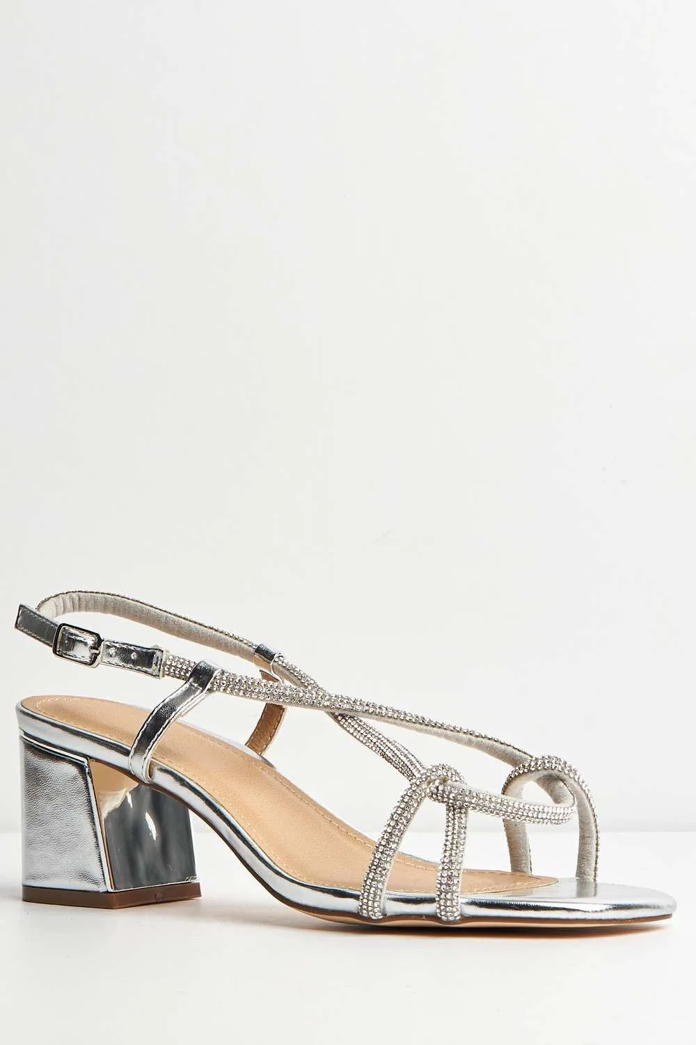 Melodi Diamante Embellished Wide Fit Block Heel Sandals in Silver