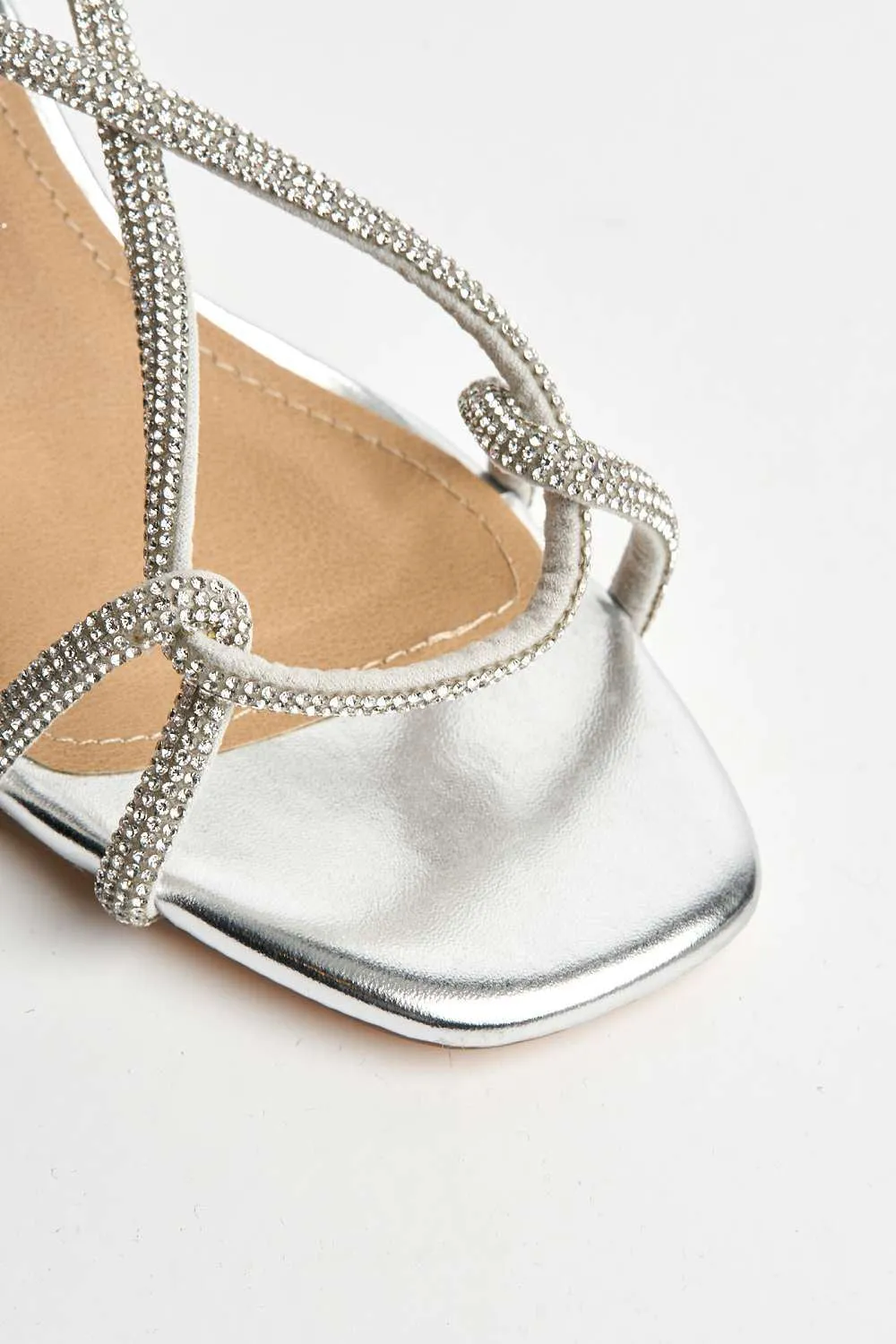 Melodi Diamante Embellished Wide Fit Block Heel Sandals in Silver