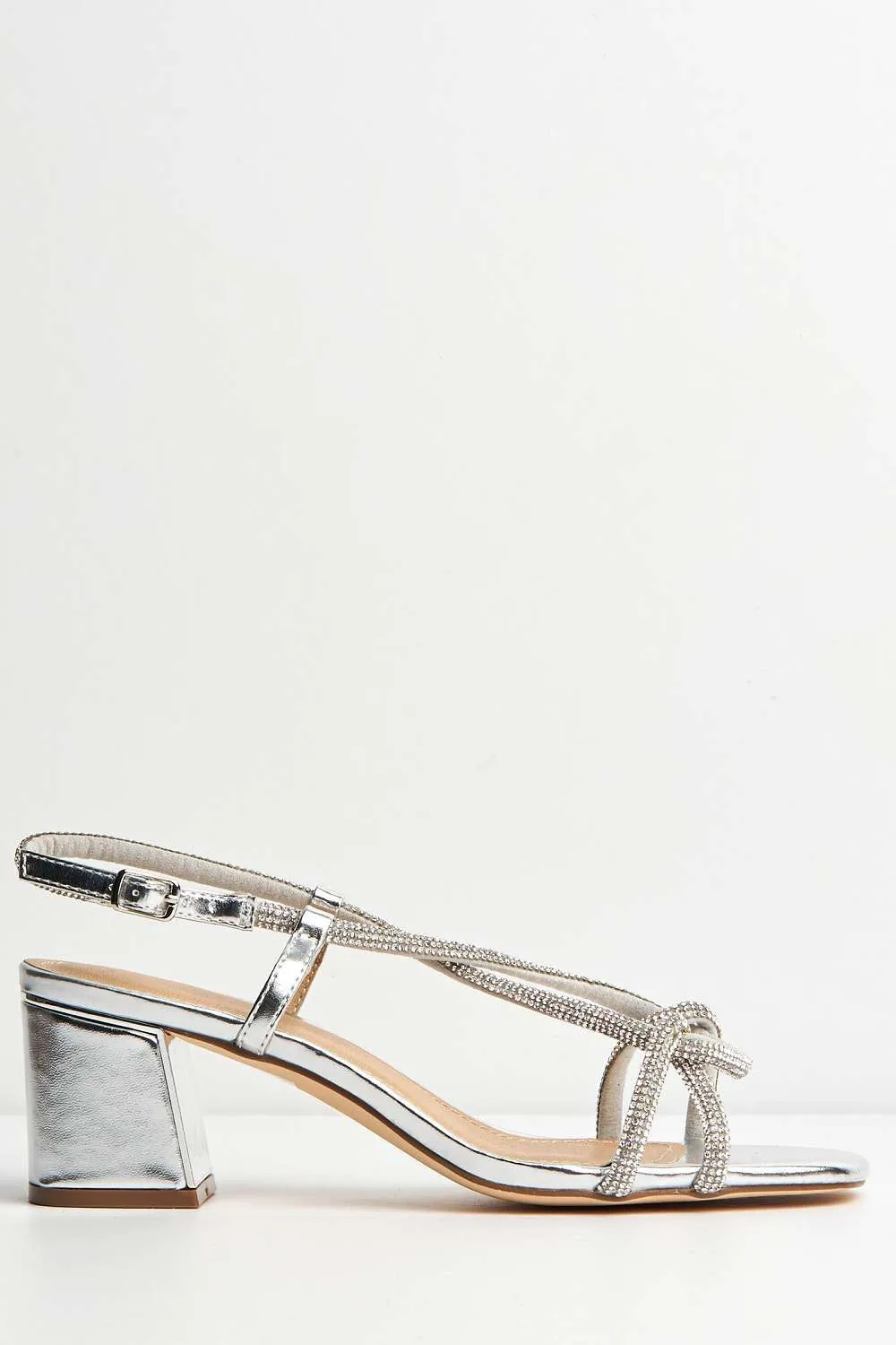 Melodi Diamante Embellished Wide Fit Block Heel Sandals in Silver