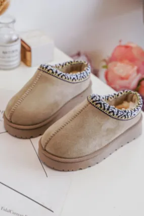 MINI KIDS HOLLIE CAMEL PLATFORM EMBROIDERED ANKLE SLIPPER BOOTS