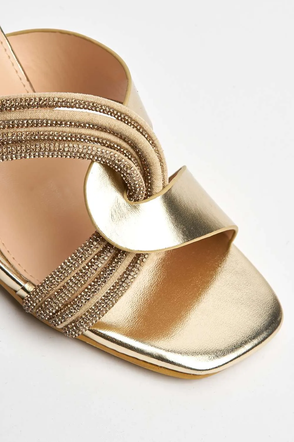 Myla Diamante Rhinestone Cross Heeled Mule Sandals in Gold