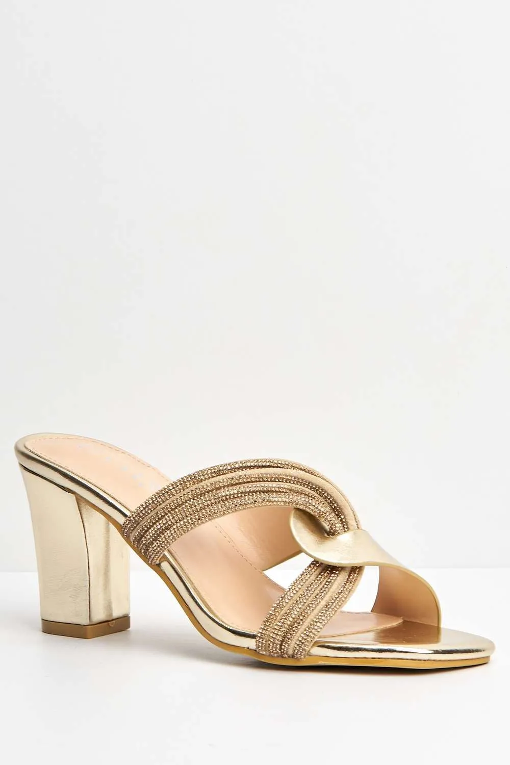 Myla Diamante Rhinestone Cross Heeled Mule Sandals in Gold