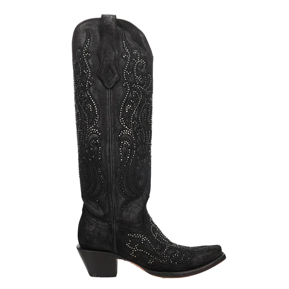 Overlay And Crystals Tall Snip Toe Cowboy Boots