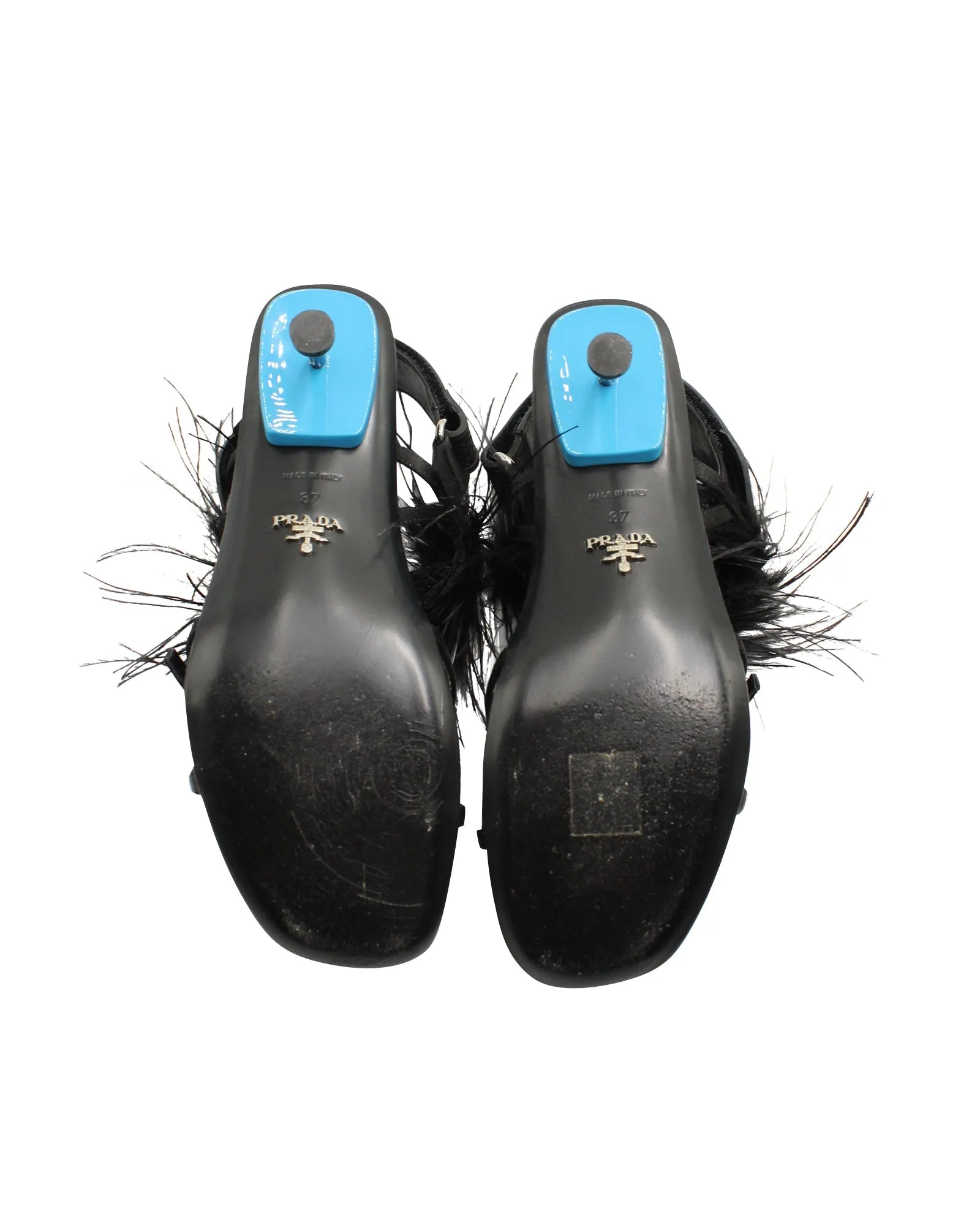 Prada Feather-Embellished Sandals in Black Satin