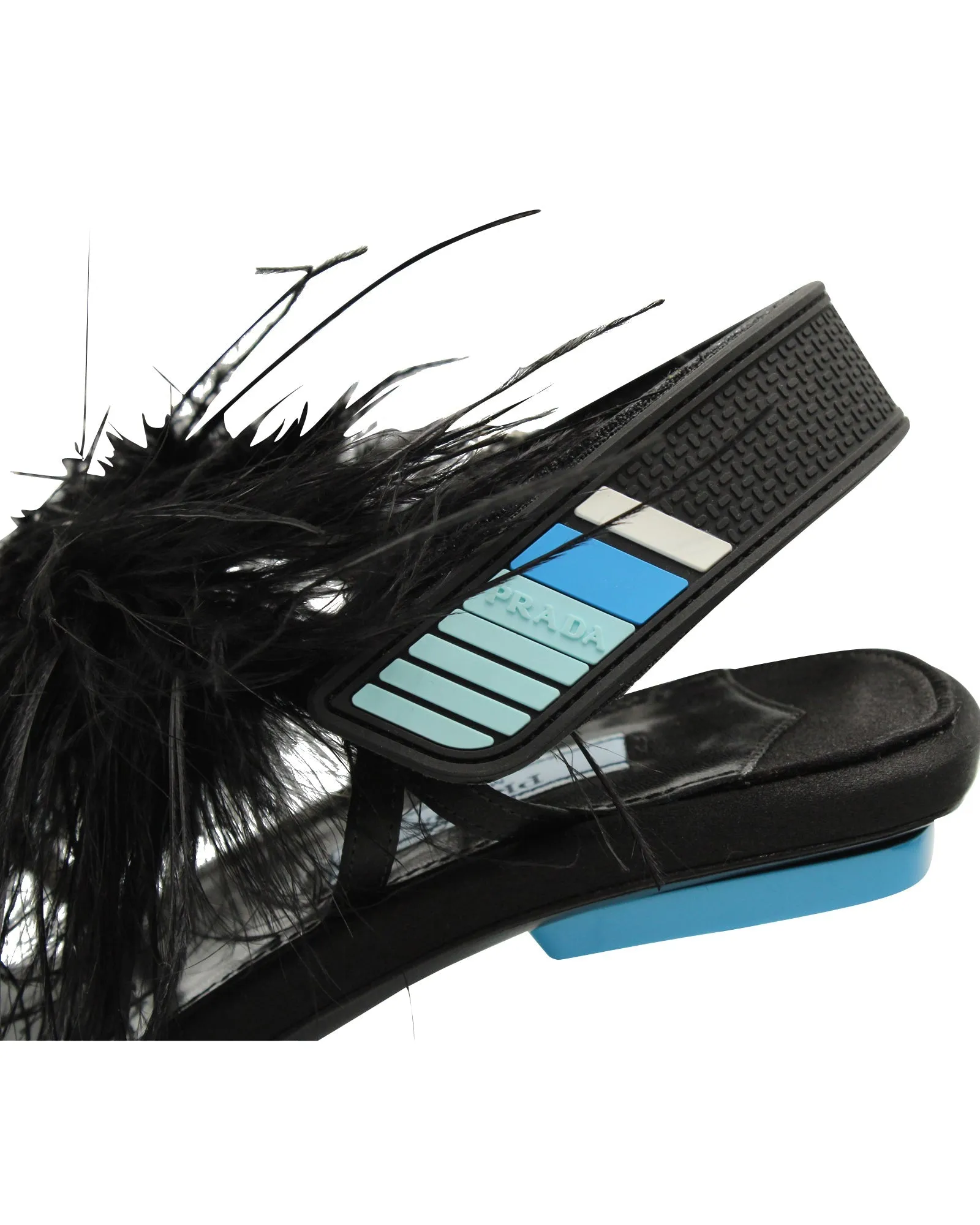 Prada Feather-Embellished Sandals in Black Satin