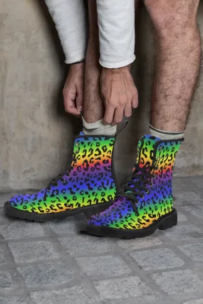 Rainbow Leopard Print Men's Canvas Boots