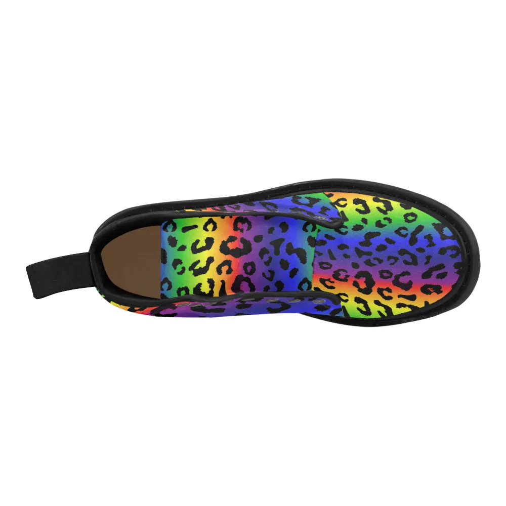 Rainbow Leopard Print Men's Canvas Boots