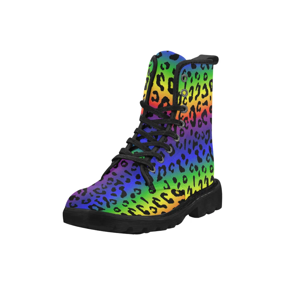 Rainbow Leopard Print Men's Canvas Boots