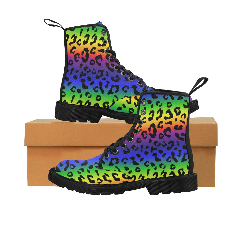 Rainbow Leopard Print Men's Canvas Boots