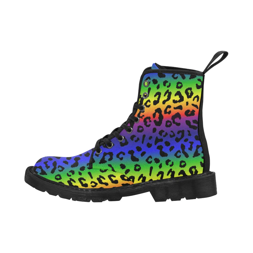 Rainbow Leopard Print Men's Canvas Boots