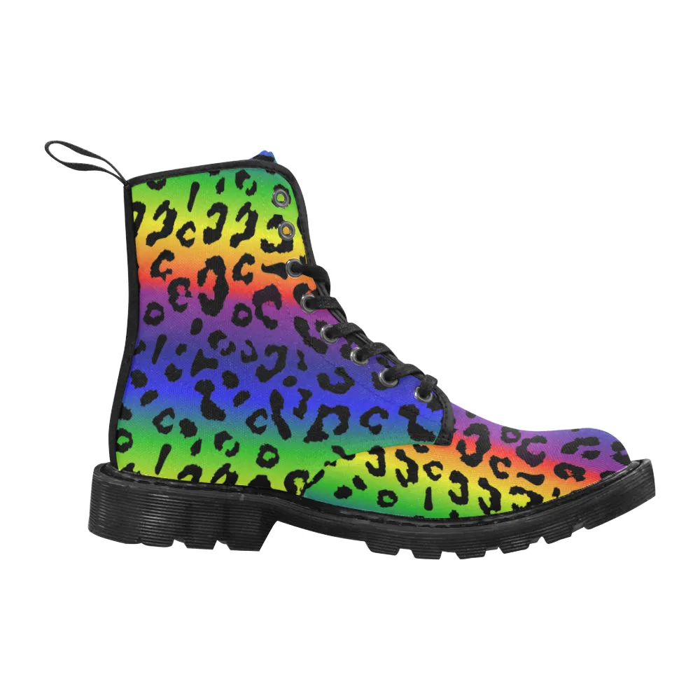 Rainbow Leopard Print Men's Canvas Boots