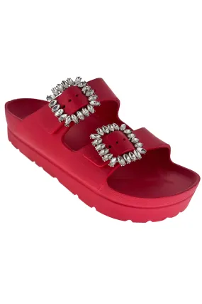 Stone Buckle Double-Strap Sandals - Red